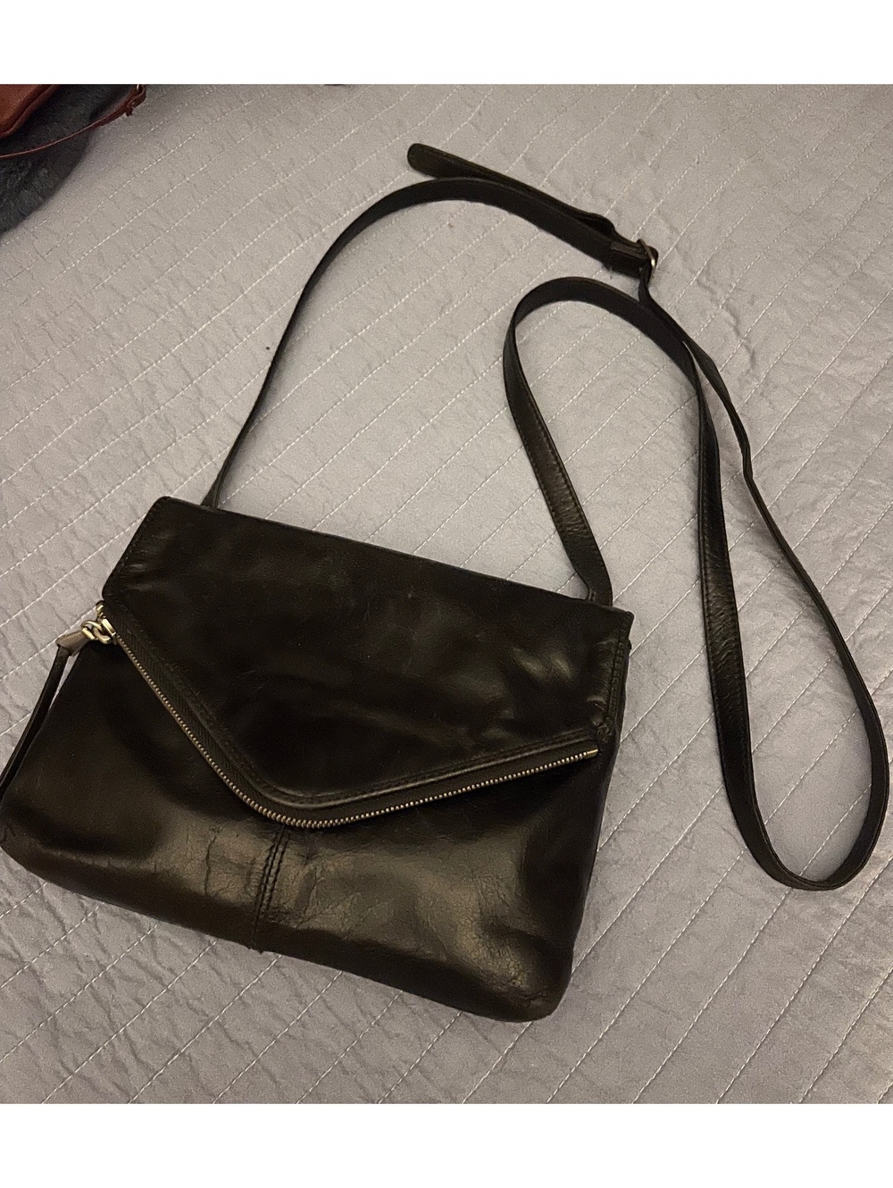 Hobo International Black Leather Crossbody Bag Foldover Zip Floral Lining